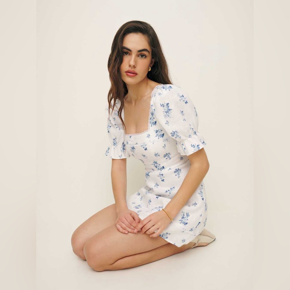 Reformation Evianna Linen Dress White and Blue Floral Mini Dress - Picture 4 of 9